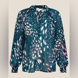 Monsoon London Animal Print Pleated Long Sleeve in Teal - Size L
